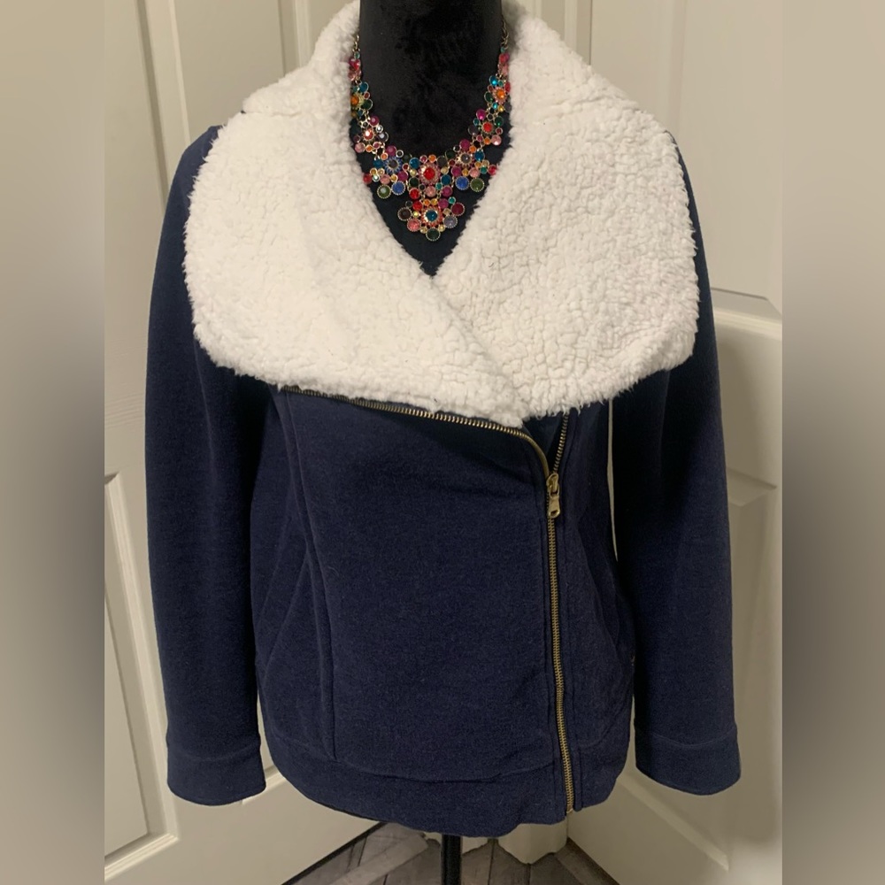 Tommy Hilfiger Navy Sherpa Collar Moto Jacket Cozy Faux Shearling Zip Front